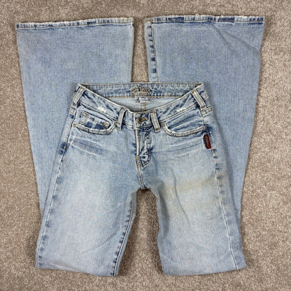 Silver Jeans Tinker Bell Low Rise Flare Jeans Light Wash Distressed 25 x 33